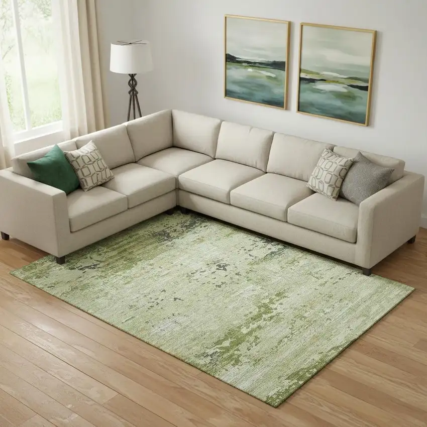 Artichoke Green Ivory And Charcoal Abstract Washable Area Rug With UV Protection Photo 2