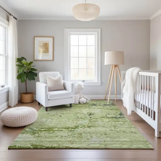 Artichoke Green Ivory And Charcoal Abstract Washable Area Rug With UV Protection Photo 5