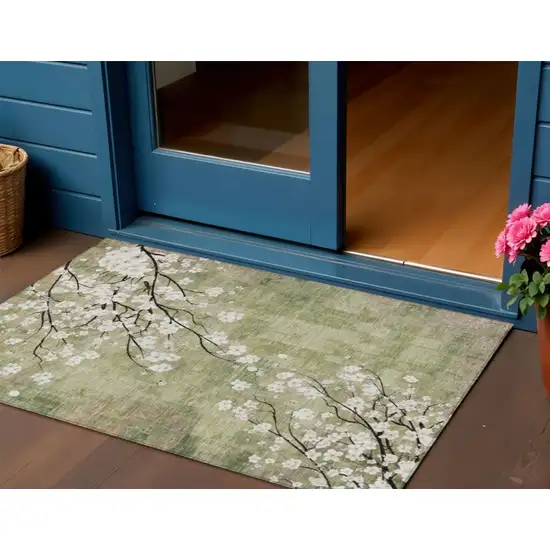 Artichoke Green Ivory And Charcoal Floral Washable Indoor Outdoor Area Rug Photo 1