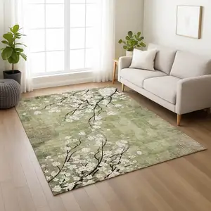 Photo of Artichoke Green Ivory And Charcoal Floral Washable Indoor Outdoor Area Rug