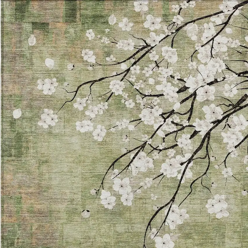 Artichoke Green Ivory And Charcoal Floral Washable Indoor Outdoor Area Rug Photo 6