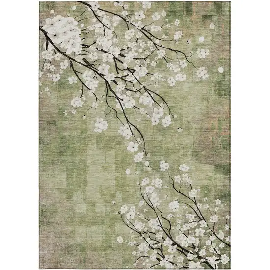 Artichoke Green Ivory And Charcoal Floral Washable Indoor Outdoor Area Rug Photo 5