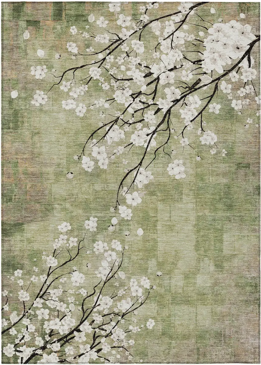 Artichoke Green Ivory And Charcoal Floral Washable Indoor Outdoor Area Rug Photo 2