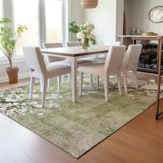 Artichoke Green Ivory And Charcoal Floral Washable Indoor Outdoor Area Rug Photo 9