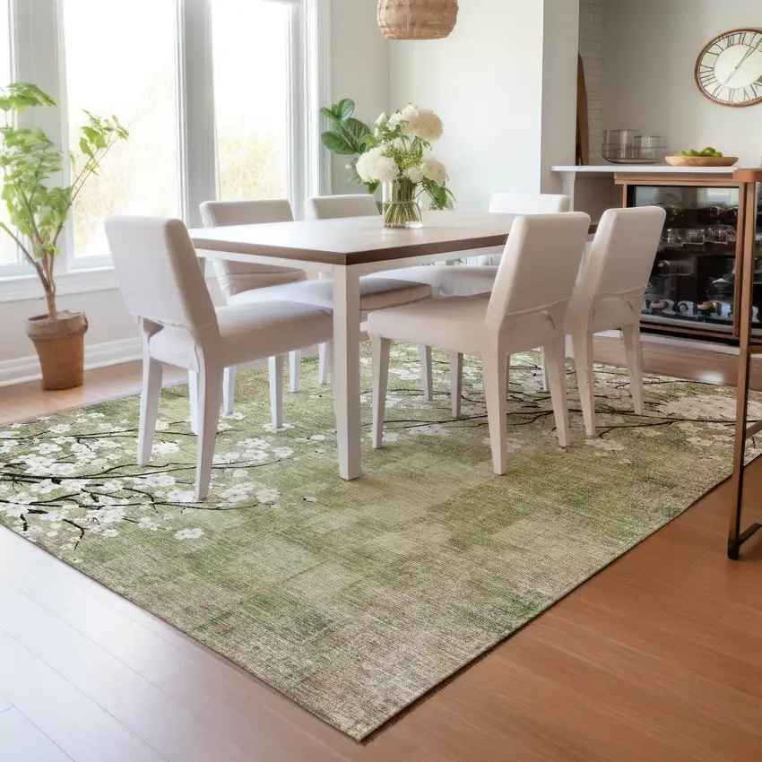 Artichoke Green Ivory And Charcoal Floral Washable Indoor Outdoor Area Rug Photo 9