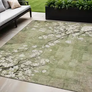 Photo of Artichoke Green Ivory And Charcoal Floral Washable Indoor Outdoor Area Rug