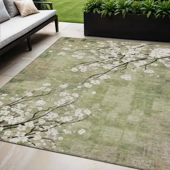 Artichoke Green Ivory And Charcoal Floral Washable Indoor Outdoor Area Rug Photo 1