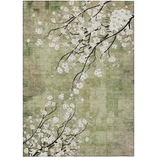 Artichoke Green Ivory And Charcoal Floral Washable Indoor Outdoor Area Rug Photo 2