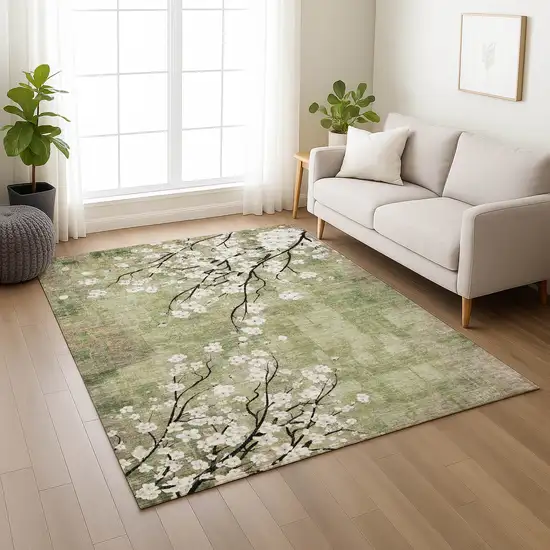 Artichoke Green Ivory And Charcoal Floral Washable Indoor Outdoor Area Rug Photo 9