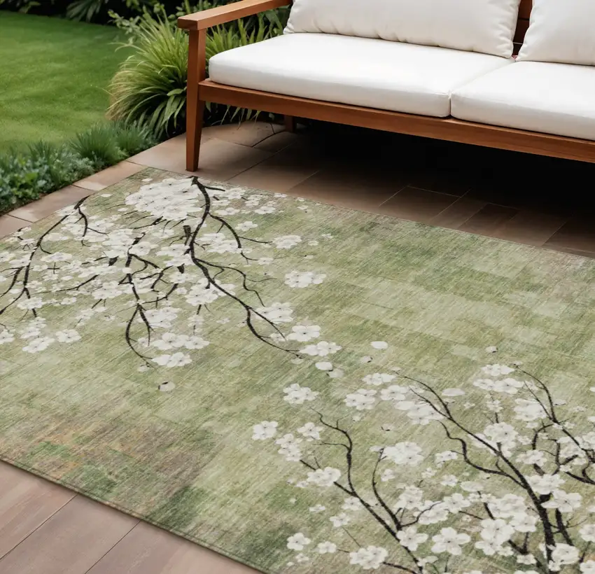 Artichoke Green Ivory And Charcoal Floral Washable Indoor Outdoor Area Rug Photo 1