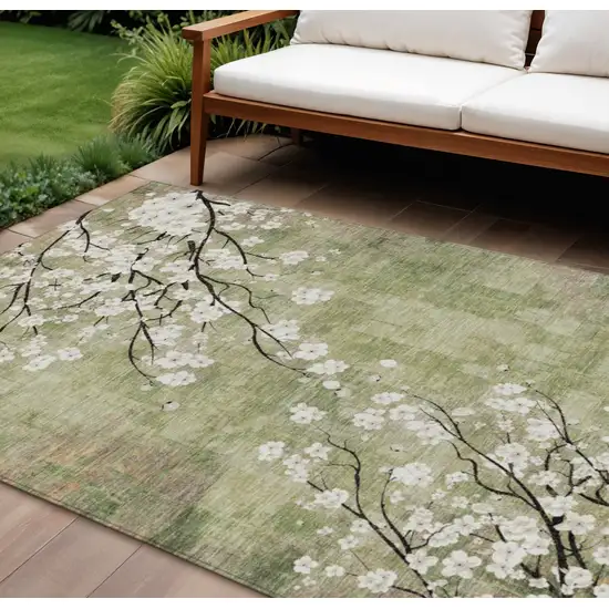 Artichoke Green Ivory And Charcoal Floral Washable Indoor Outdoor Area Rug Photo 1