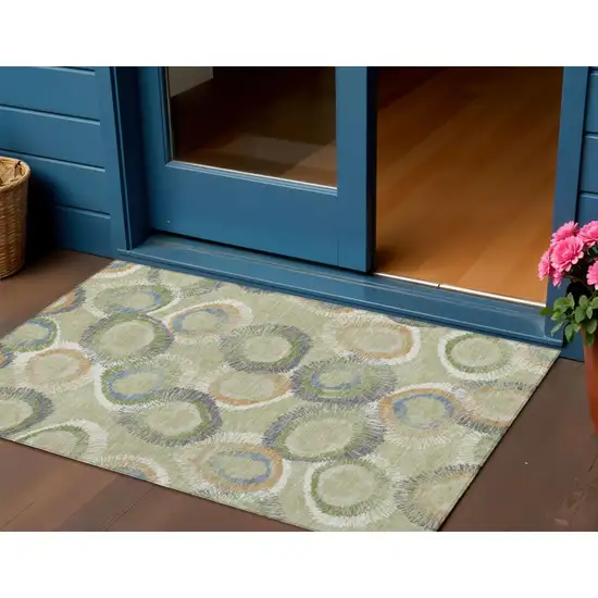Artichoke Green Ivory And Copper Geometric Washable Indoor Outdoor Area Rug Photo 1