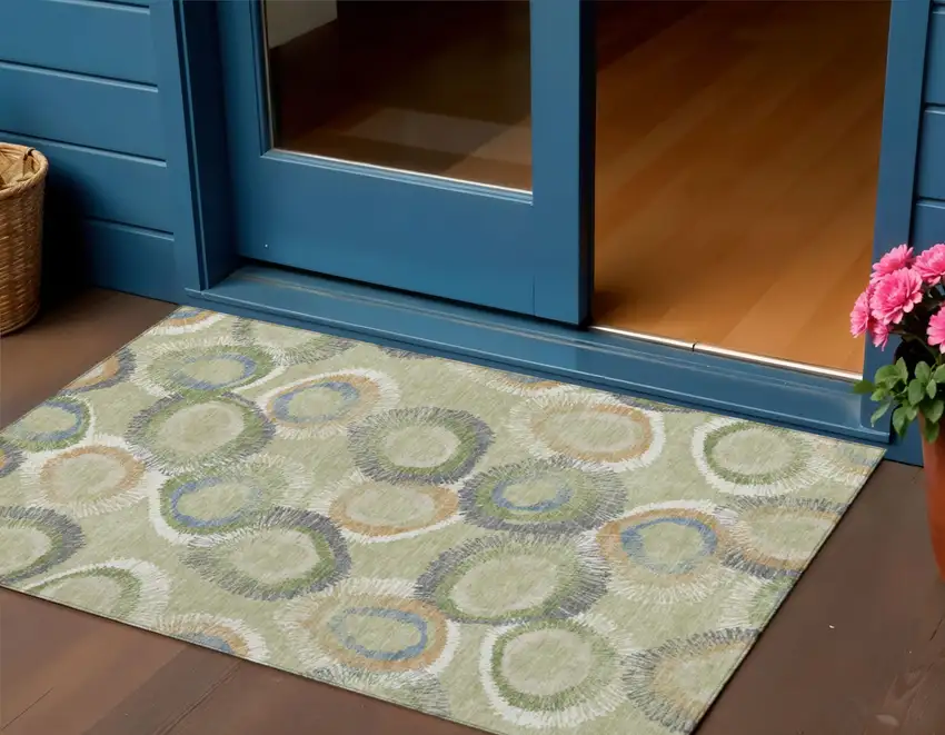 Artichoke Green Ivory And Copper Geometric Washable Indoor Outdoor Area Rug Photo 1