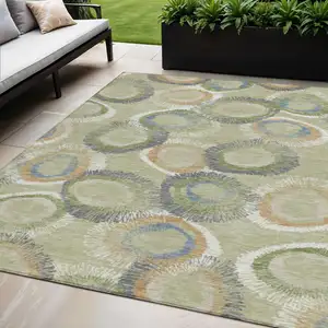 Photo of Artichoke Green Ivory And Copper Geometric Washable Indoor Outdoor Area Rug