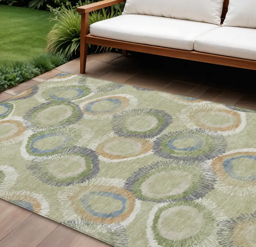 Artichoke Green Ivory And Copper Geometric Washable Indoor Outdoor Area Rug Photo 1