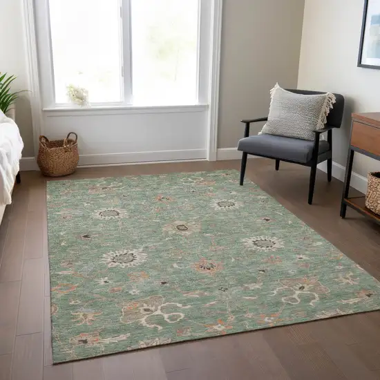 Artichoke Green Ivory And Coral Floral Washable Indoor Outdoor Area Rug Photo 9