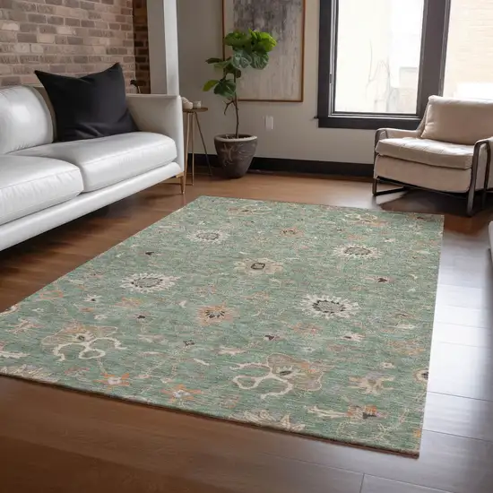 Artichoke Green Ivory And Coral Floral Washable Indoor Outdoor Area Rug Photo 8