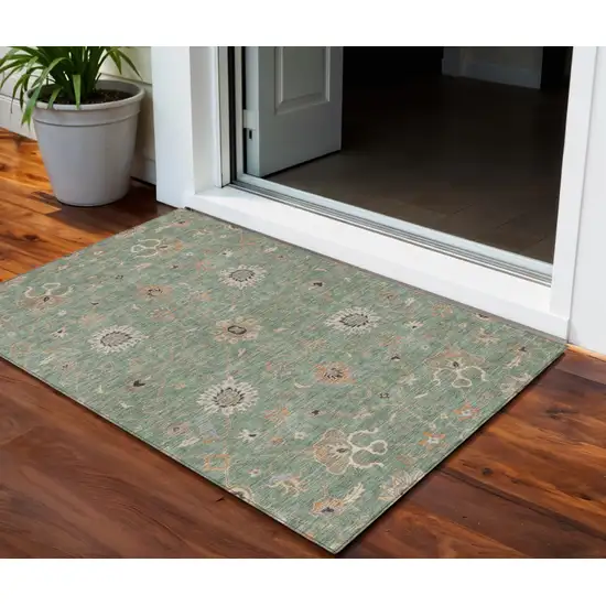Artichoke Green Ivory And Coral Floral Washable Indoor Outdoor Area Rug Photo 1