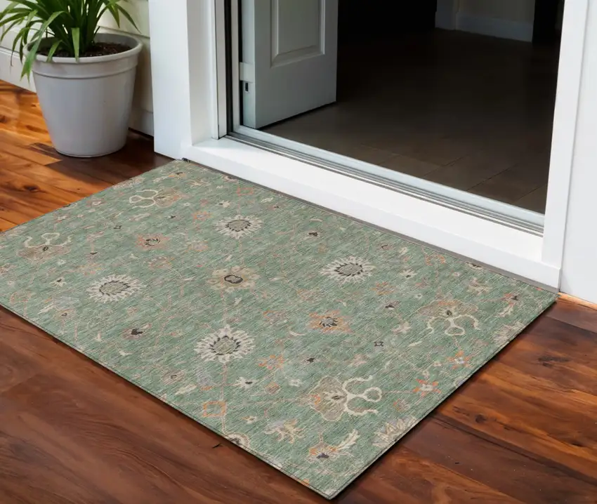 Artichoke Green Ivory And Coral Floral Washable Indoor Outdoor Area Rug Photo 1