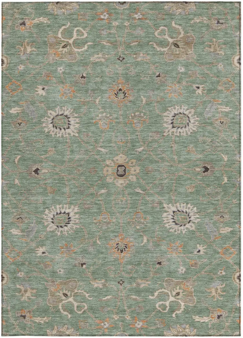 Artichoke Green Ivory And Coral Floral Washable Indoor Outdoor Area Rug Photo 6