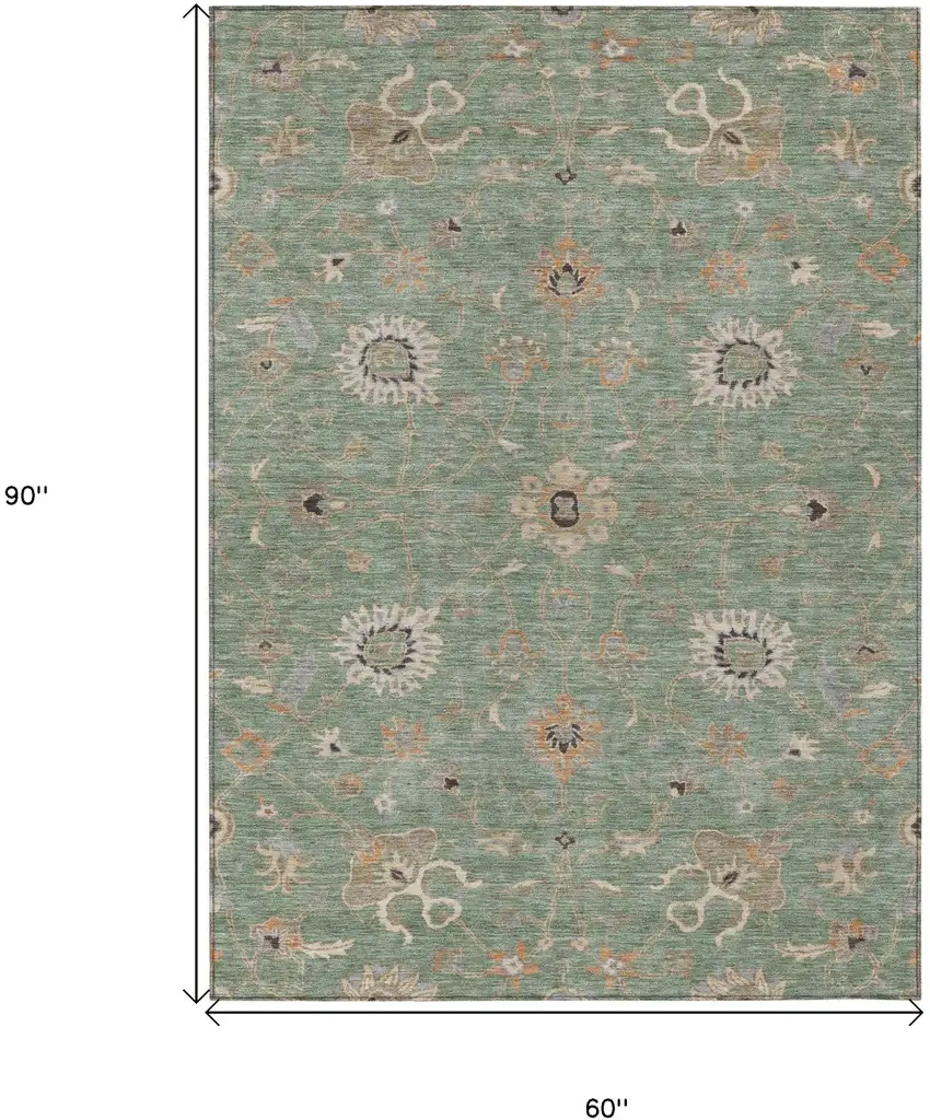 Artichoke Green Ivory And Coral Floral Washable Indoor Outdoor Area Rug Photo 8