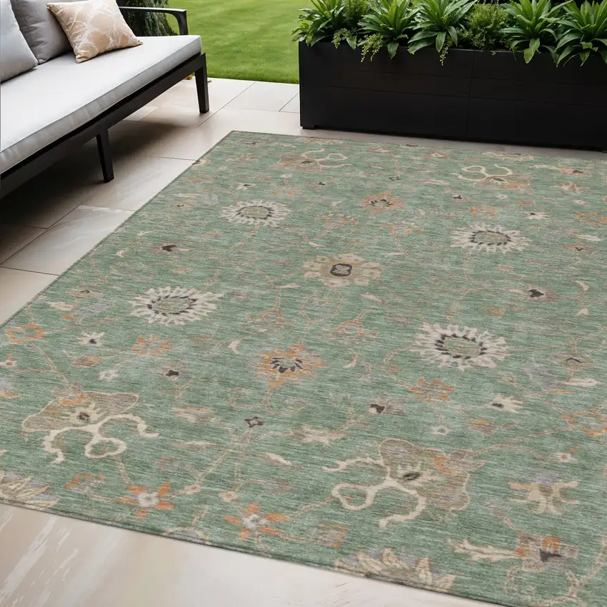 Artichoke Green Ivory And Coral Floral Washable Indoor Outdoor Area Rug Photo 1