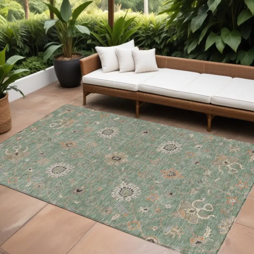 Artichoke Green Ivory And Coral Floral Washable Indoor Outdoor Area Rug Photo 1