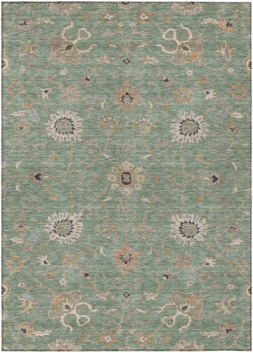 Artichoke Green Ivory And Coral Floral Washable Indoor Outdoor Area Rug Photo 2