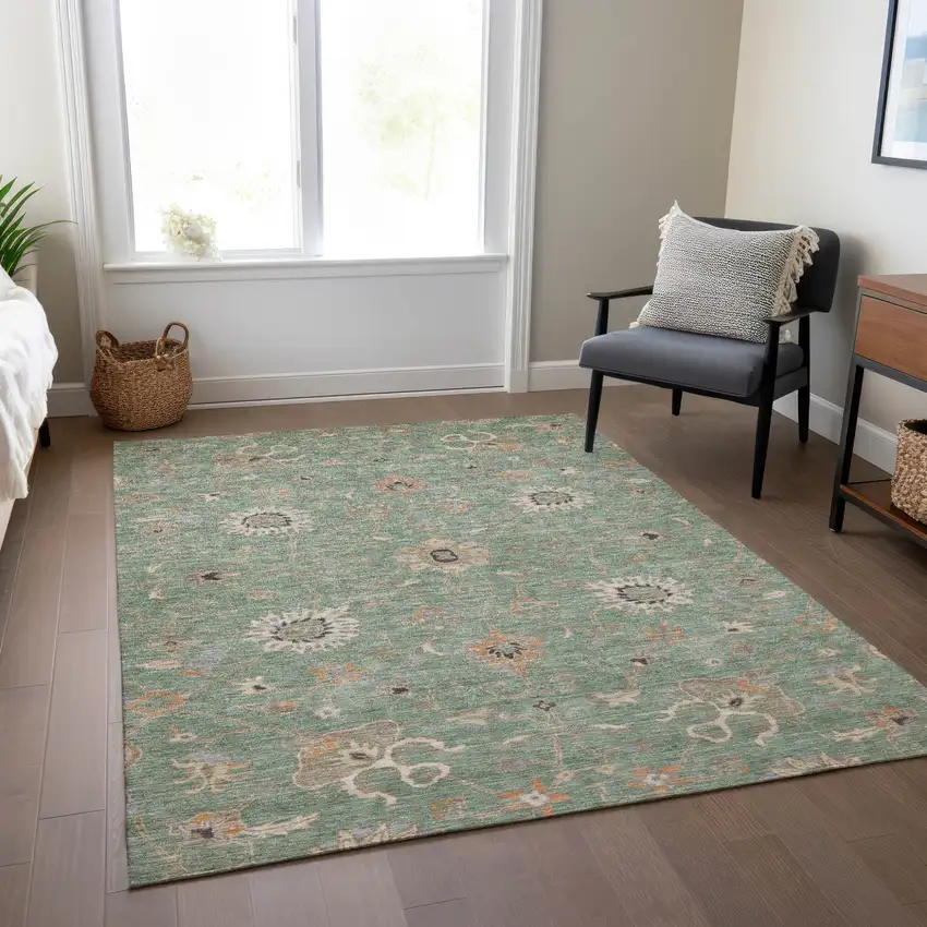 Artichoke Green Ivory And Coral Floral Washable Indoor Outdoor Area Rug Photo 9