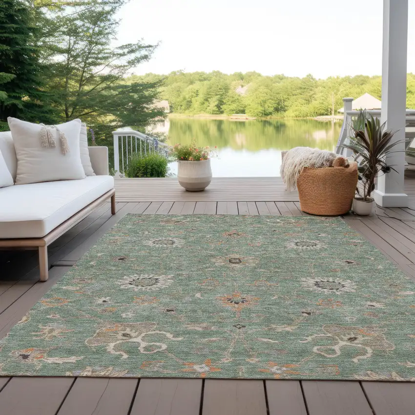 Artichoke Green Ivory And Coral Floral Washable Indoor Outdoor Area Rug Photo 8