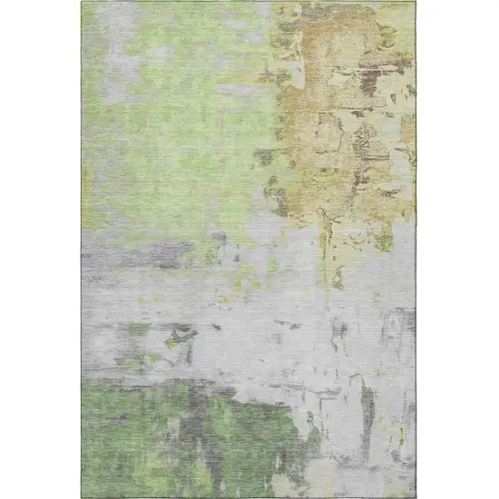 Artichoke Green Ivory And Gold Abstract Washable Area Rug With UV Protection Photo 4