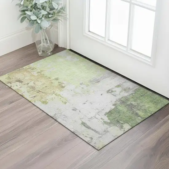 Artichoke Green Ivory And Gold Abstract Washable Area Rug With UV Protection Photo 2