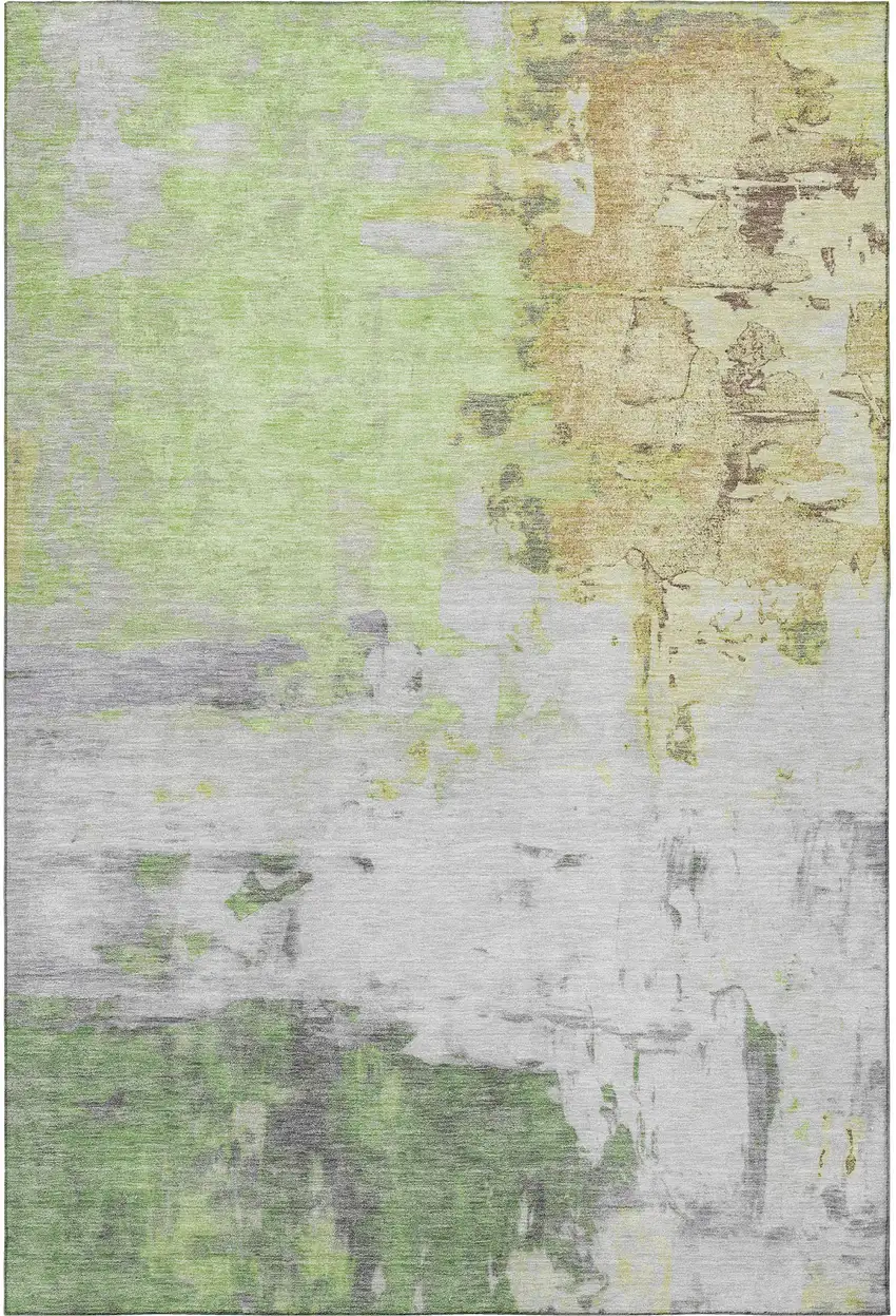Artichoke Green Ivory And Gold Abstract Washable Area Rug With UV Protection Photo 4