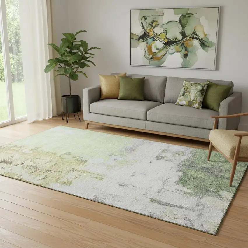 Artichoke Green Ivory And Gold Abstract Washable Area Rug With UV Protection Photo 2