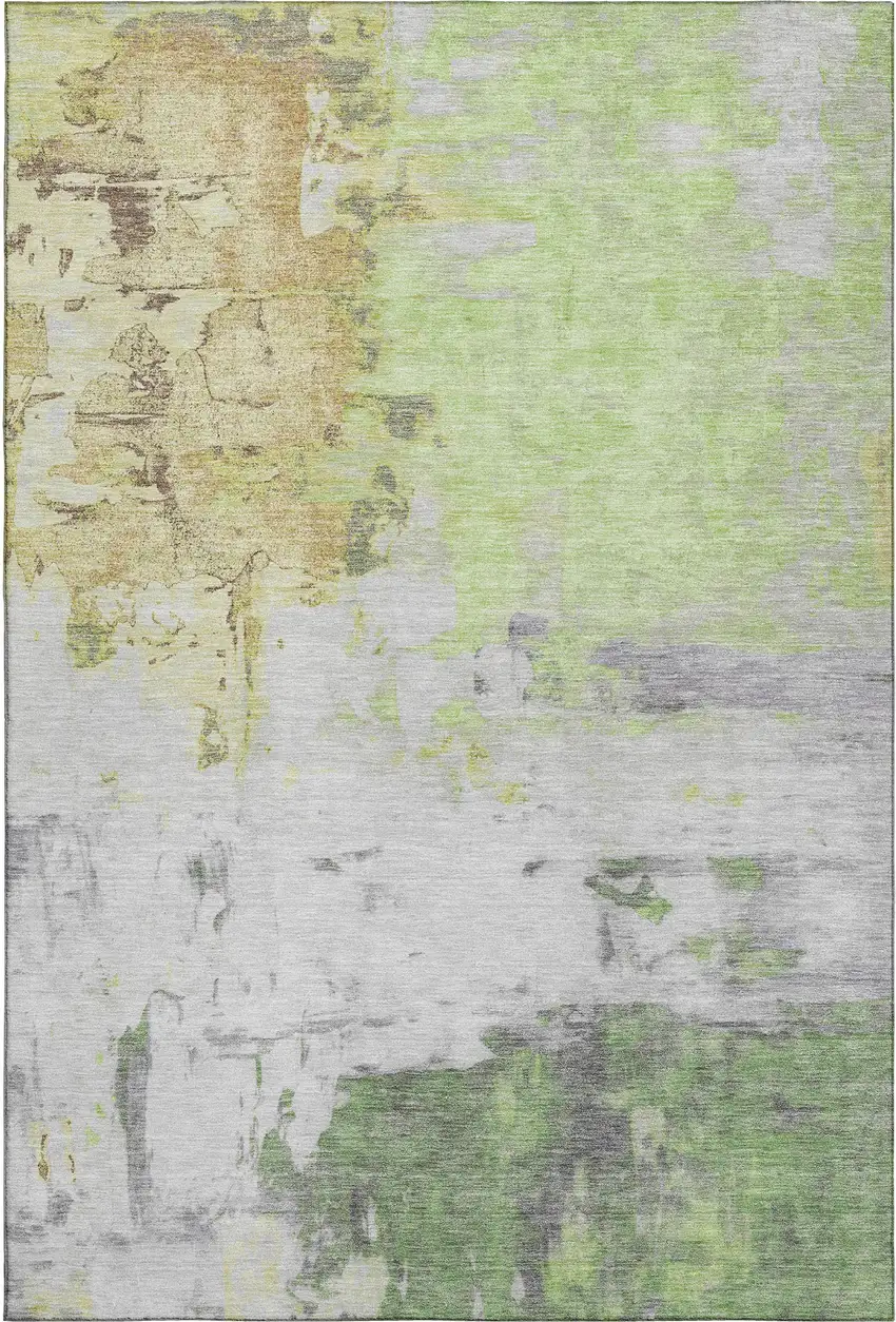 Artichoke Green Ivory And Gold Abstract Washable Area Rug With UV Protection Photo 1