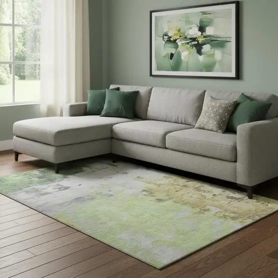 Artichoke Green Ivory And Gold Abstract Washable Area Rug With UV Protection Photo 2