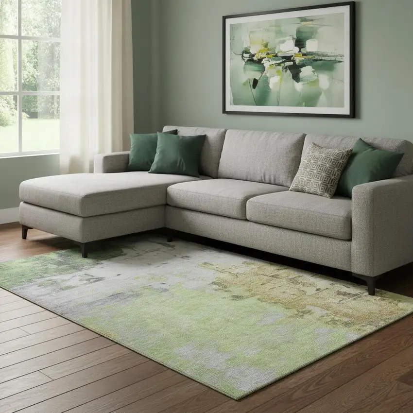 Artichoke Green Ivory And Gold Abstract Washable Area Rug With UV Protection Photo 2