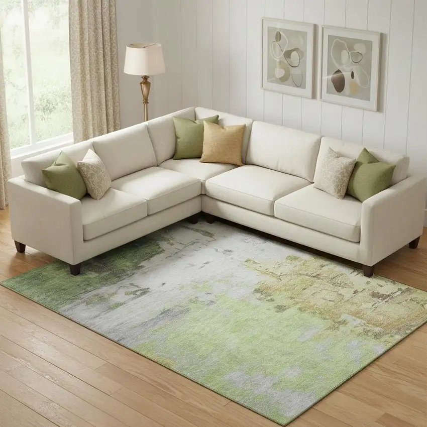 Artichoke Green Ivory And Gold Abstract Washable Area Rug With UV Protection Photo 2