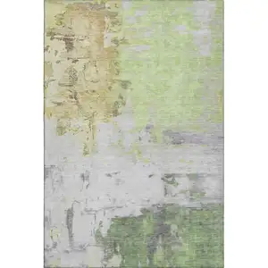 Photo of Artichoke Green Ivory And Gold Abstract Washable Area Rug With UV Protection