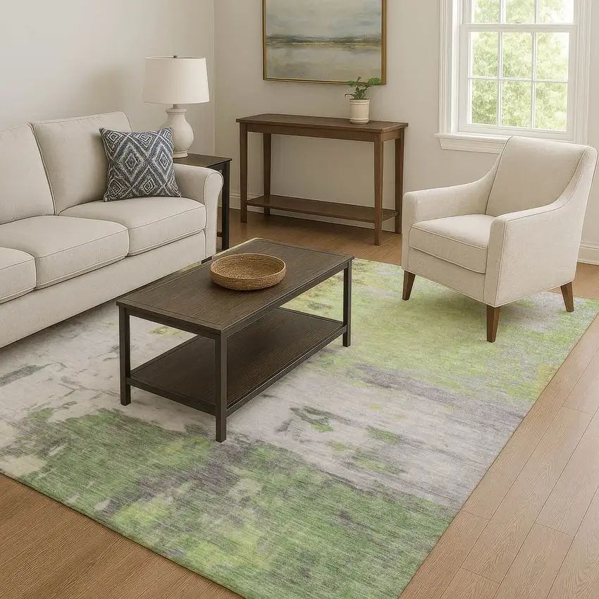 Artichoke Green Ivory And Gold Abstract Washable Area Rug With UV Protection Photo 5