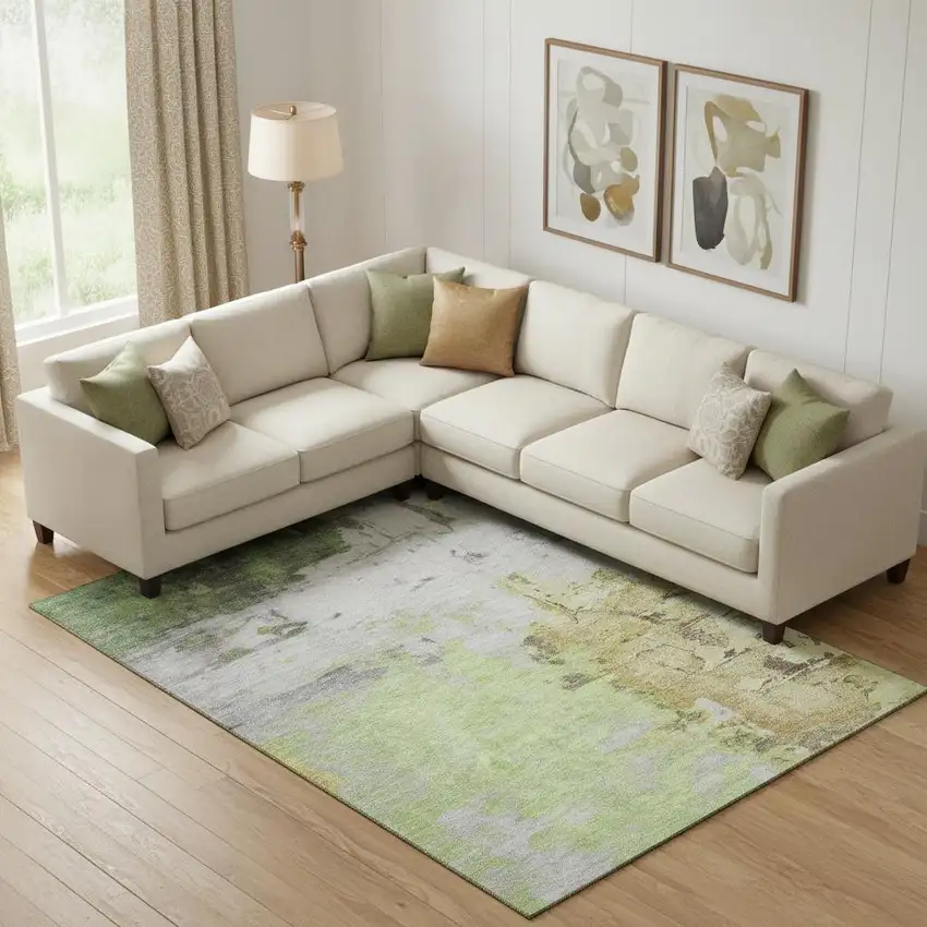 Artichoke Green Ivory And Gold Abstract Washable Area Rug With UV Protection Photo 2