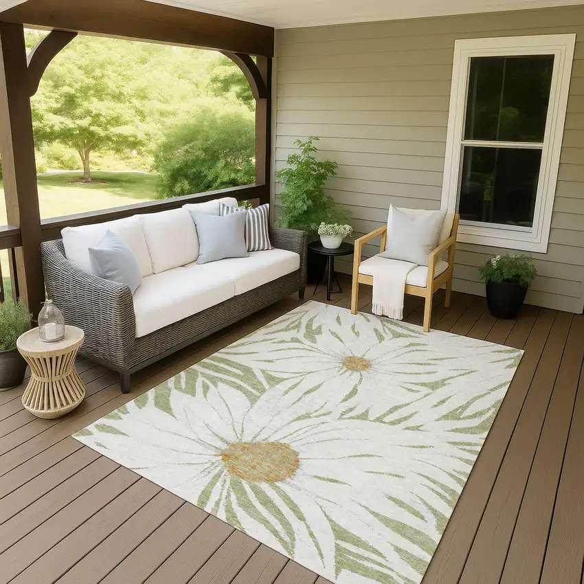 Artichoke Green Ivory And Gold Floral Washable Indoor Outdoor Area Rug Photo 7