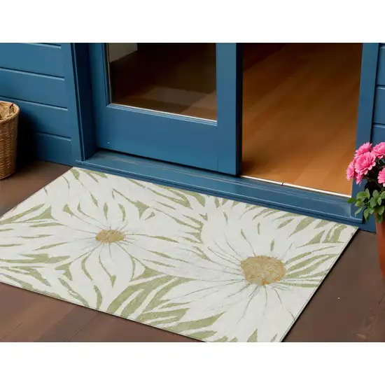 Artichoke Green Ivory And Gold Floral Washable Indoor Outdoor Area Rug Photo 1