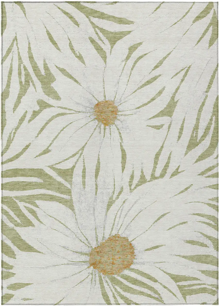 Artichoke Green Ivory And Gold Floral Washable Indoor Outdoor Area Rug Photo 2