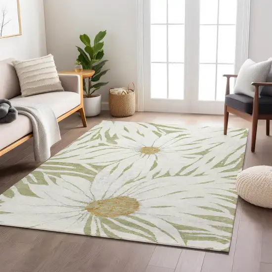 Artichoke Green Ivory And Gold Floral Washable Indoor Outdoor Area Rug Photo 8