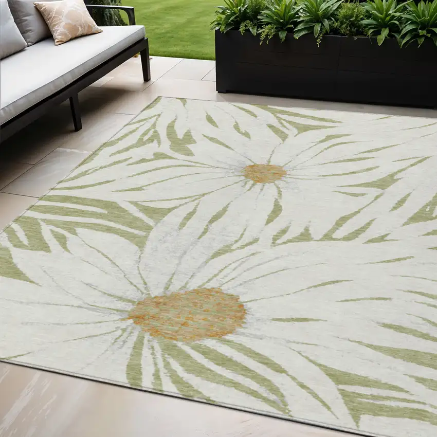 Artichoke Green Ivory And Gold Floral Washable Indoor Outdoor Area Rug Photo 1