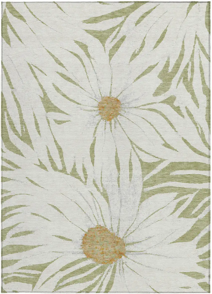 Artichoke Green Ivory And Gold Floral Washable Indoor Outdoor Area Rug Photo 5