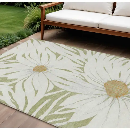Artichoke Green Ivory And Gold Floral Washable Indoor Outdoor Area Rug Photo 1