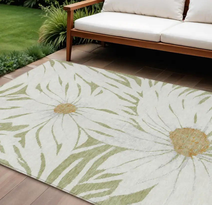 Artichoke Green Ivory And Gold Floral Washable Indoor Outdoor Area Rug Photo 1