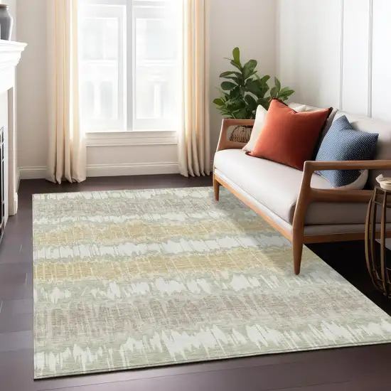 Artichoke Green Ivory And Gold Striped Washable Indoor Outdoor Area Rug Photo 9